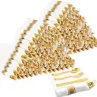 400Pcs Pre Rolled Gold Plastic Cutlery Set, 100 Pack Wrapped Plastic Silverwa...