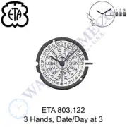 Genuine ETA 803.122 Watch Movement Swiss 3 Hands, Date/Day at 3