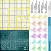 Swpeet 31Pcs 2.5/4.5/6.5/9.5” Square Quilting Rulers Assortment Kit Contains Craft Knife with 5 Replacement Blades, A4 Self Healing Cutting Mat, 2.7CM Mixed Colors Sewing Clips for Crafting Sewing