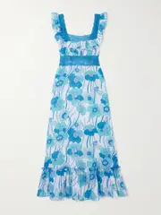 [Loretta Caponi] Loretta Caponi - Margherita Lace-trimmed Floral-print Silk-voile Maxi Dress - Blue - x small x small Blue