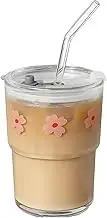 13 Oz Glass Tumbler,Glass Tumbler with Straw and Lid,Iced Coffee Cup,Eusable Water Cup Easy to Clean (flower)