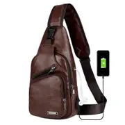 Mens Sling Bag PU Leather Bag with USB Charging Port Waterproof Casual Daypack Chest Crossbody Bag-Dark Brown