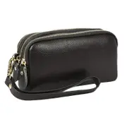 Women Long Wallet Genuine Leather 3-Layer Zipper Purse Bag Phone Bag Money Purses Clutch Wallets with Wrist Strap- Black