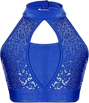 [Aislor] Kids Girls Sequin Dance Crop Top Sleeveless Mock Neck Keyhole Back Vet for Dance Performance Gymnastics