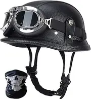 Adult Men Women German Style Motorcycle Helmet, DOT/ECE Approved Retro Leather Motorcycle Half Helmet, Vintage Open Face Half Shell Helmet for Cruiser Scooter Chopper