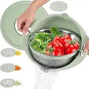 Colander with Mixing Bowl Set,Kitchen Colander Set, 360°Rotating Food Strainers with 3 Thread Graters, Stainless Steel Pasta Strainer with Handle Lid, Rice Cleaner Vegetable Washing Basket (Green)