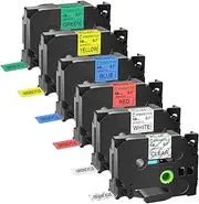 GREENCYCLE TZe TZ 141 241 441 541 641 741 Laminated Tape Black On Clear/White/Red/Blue/Yellow/Green 18mm for Brother P-Touch Label Makers & Printers (6 PackTZE141 TZE241 TZE441 TZE541 TZE641 TZE741)