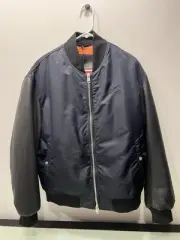 All Saints Myler Leather Sleeve Bomber Jacket Mens Sz Large Msrp $529 Black Blue