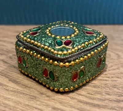 Beads Mirror Mini Trinket Box Pill Sparkle Ring Jewelry Lid Felt Lined Green