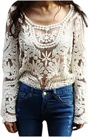 [Costume Bay] Women Semi Sexy Sheer Long Sleeves Embroidery Floral Lace Crochet Top Blouse Tee Sheer (Beige, M)
