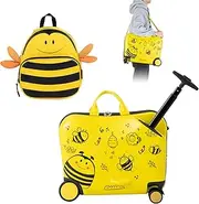 [Costway] 2 PCS Kids Ride-on Luggage Set, Portable Carry-on Suitcase & Backpack Set w/Anti-Lose Rope, Retractable Rod, Adjustable Strap, Rolling Hardshell Trolley Luggage for Over 3 Years Old