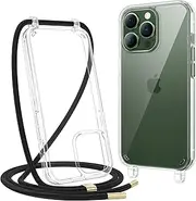 Caka Crossbody Case Compatible with iPhone 13 Pro Max, Soft Slim TPU Shockproof Protective Clear Cover with Adjustable Neck Lanyard Strap