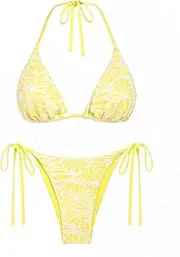[seamoly] Contrast Binding Textured Halter Triangle Tie Side Bikini Set