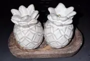 Mud Pie Ceramic White Pineapple Salt and Pepper Shakers With Wood Tray