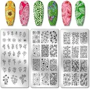 PH PandaHall 3PCS Nail Stamping Plates Nail Stencils Plant Print Nail Stamper Stainless Steel Nail Image Plates Flowers Leaf Nail Stamp Tool for Print Nail Stamper Nail Art Design 12x6cm