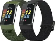 [2 pack]Nylon Band intended for Fitbit Charge 5 6 Smartwatch, Sport Nylon Solo Loop Rugged Strap Replacement Band for Fitbit Charge 5 6 (Black-Green)