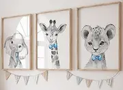 Safari Animals Baby Boys Nursery Set of 3 Unframed Prints, Grey Bedroom Posters with Blue Bow Tie, Elephant Giraffe Lion Decor (Baby Blue, A4)