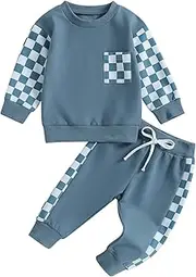 [XIXIMAON] Baby Boy Spring Fall Tracksuit Outfit Long Sleeve Contrast Color Pullover Stretch Jogger Pants 2pcs Newborn Checkerboard Sweatsuit Sets, Blue, 6-12 Months