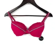 Chloe & Lola Push Up Bra Size 10D Red Pink Floral Lace Trim Satin Bow Padded New