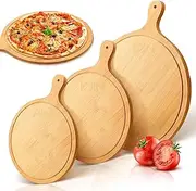 Sekonow 3 Pack Pizza Cutting Board with Handle, Wood Bamboo Pizza Serving Tray, Round Charcuterie Boards Wooden Pizza Peel Pizza Plates for Pizza Bread Cake Fruit Cheese (12'' + 10'' + 8'')