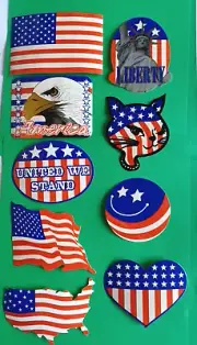 LOT OF 9 USA PATRIOTIC STICKERS 2.5" X 3.5" EAGLE FLAGS CAT STATUE OF LIBERTY