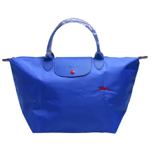 LONGCHAMP LE PLIAGE系列刺繡摺疊暗釦/拉鍊短提把尼龍水餃包(中-藍紫色)