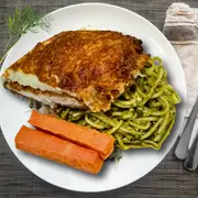 Crumbed Chicken Breast Parmigiana with Lime Chilli Pesto Spaghetti and Sweet Potatoes (Organic)