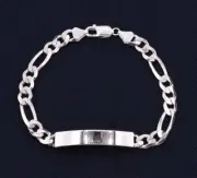 7mm Engravable Solid Figaro ID Chain Bracelet Real Sterling Silver 925 ALL SIZES