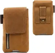 Firststache Leather Phone Holster for Belt, Flip Cell Phone Case with Belt Clip for iPhone 15/14/13 Pro Max, S23 Plus Belt Clip Phone Case, Universal Smartphone Pouch Brown