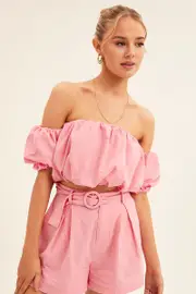 Pink Crop Top Off Shoulder Puff Sleeve - Size 14, Women's Crop Top