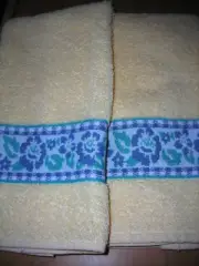 Vintage Martex Hand Towels Yellow w/ Blue Green White Floral Checks End Design