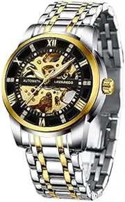 [aswan watch] Automatic Watch Men's Skeleton Glass Base Roman Numerals Diamond Dial Mechanical Wrist Watches with Stainless Steel Strap