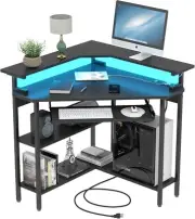 Corner Desk with Charging Station & LED Light, Triangle Corner Desk with Monitor