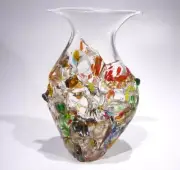 HAND BLOWN GLASS ART VASE/SCULPTURE, END OF DAY & CLEAR GLASS , DIRWOOD, n3920