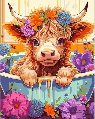 Paint by Numbers Kit DIY Oil Painting Bathing Cow Canvas 16x20 Inch