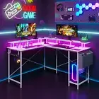 L Shaped Gaming Desk LED Lights Corner Desk with Monitor Stand White