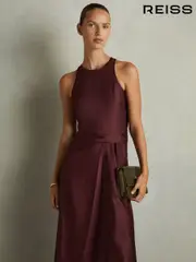 Reiss Burgundy Micah Petite Satin Drape Tuck Midi Dress (AD9437) | $325