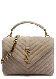 Saint Laurent College Medium Suede Shoulder Bag, Suede Bag, Taupe One Size