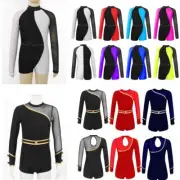 Kids Girl Colorblock Gymnastic Leotard Ballet Dance Unitard Long Sleeve Jumpsuit