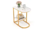 Costway C-shaped End Table Modern Sofa Side Table w/Faux Marble Tabletop & Storage Shelf