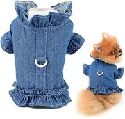 Pet Denim Harness Vest Shirt with D-Ring for Small Dogs Cats Soft Comfort Ruffles Jean Jacket for Outdoor Walking (Dark Blue, L)