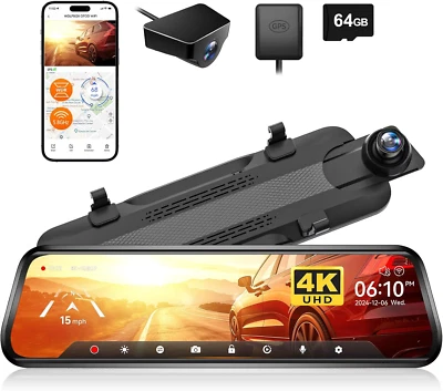 WOLFBOX G930 10'' Rear View Mirror Camera with 5.8Ghz Wifi, 4K Dash Cam Front an