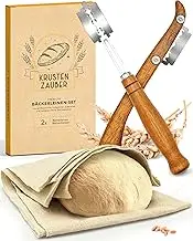 KRUSTENZAUBER Baker's Linen and Baker's Knife Set - 2 x Linen Cloth 75 x 45 cm + 2 x Dough Knives - Bread Baking Accessories, Dough Cutter, Bread Knife, Proofing Foil, Dough Cloth, Sourdough Starter,