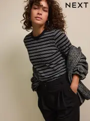 Black/White Essential Long Sleeve Crew Neck 100% Cotton T-Shirt (N98497) | $16