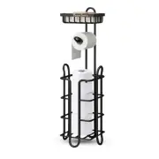 Black Toilet Paper Holder Stand with Shelf – Floor Bathroom Free Standing Toi...
