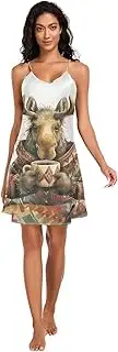 [RPLIFE] Cute Moose Slip Nightgowns for Women, Sexy V Neck Spaghetti Strap Nightgown, S-XXL