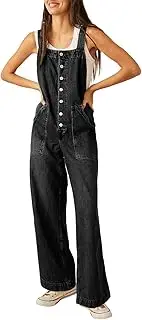 [PLNOTME] Women's Casual Denim Overalls Loose Button Up Adjustable Strap Baggy Wide Leg Jeans Overall Jumpsuits with Pocket