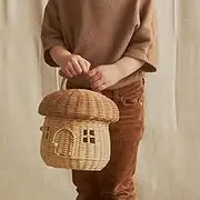 Mushroom Storage Basket, 25cm/9.8inch Ratten Woven Mushroom Basket with Lid Handle, Rustic Wicker Decorative Baskets, Shelf Organizer for Kids Room