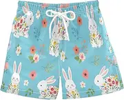 [RPLIFE] Swimming Shorts for Boys, Anti-Chafe Swim Trunks Boys 2 T, Cute White Bunnies Colorful Floral