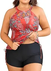[Aqua Eve] Women Two Piece Plus Size Swimsuit High Neck Tankini Set Tummy Control Bathing Suit with Shorts